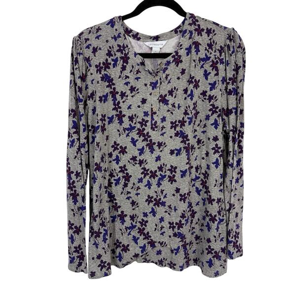 Liz Claiborne Henley top size XL Gray Purple Floral Long Sleeve Pullover - Picture 9 of 9